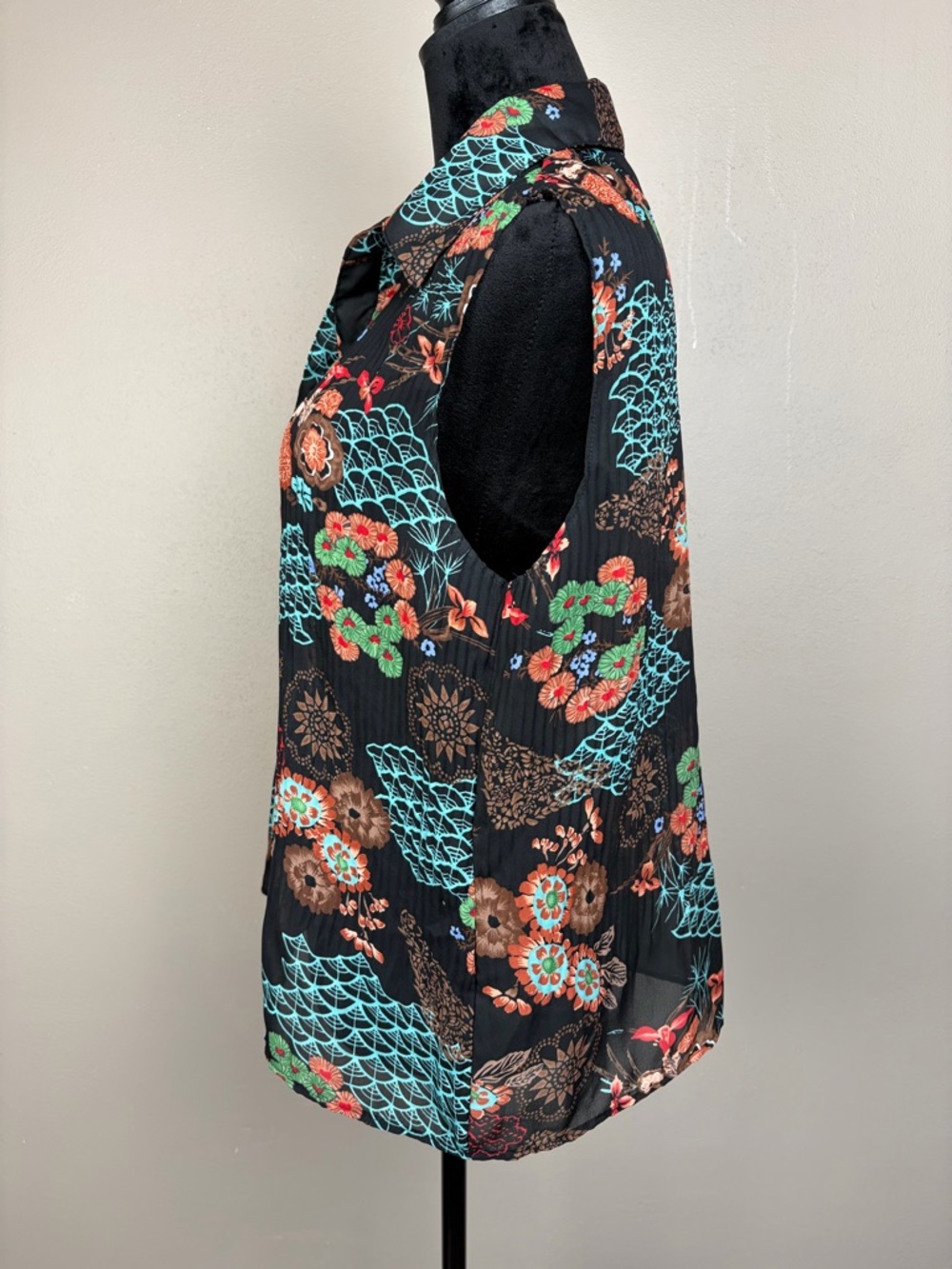 Sere Nade Floral Plisse Sleeveless Button-Down Blouse Art To Wear Boho Top L EUC - Picture 5 of 15